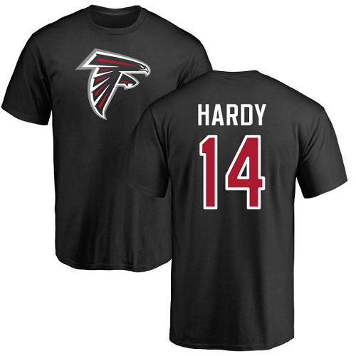 Atlanta Falcons Men Black Justin Hardy Name And Number Logo NFL Football #14 T Shirt